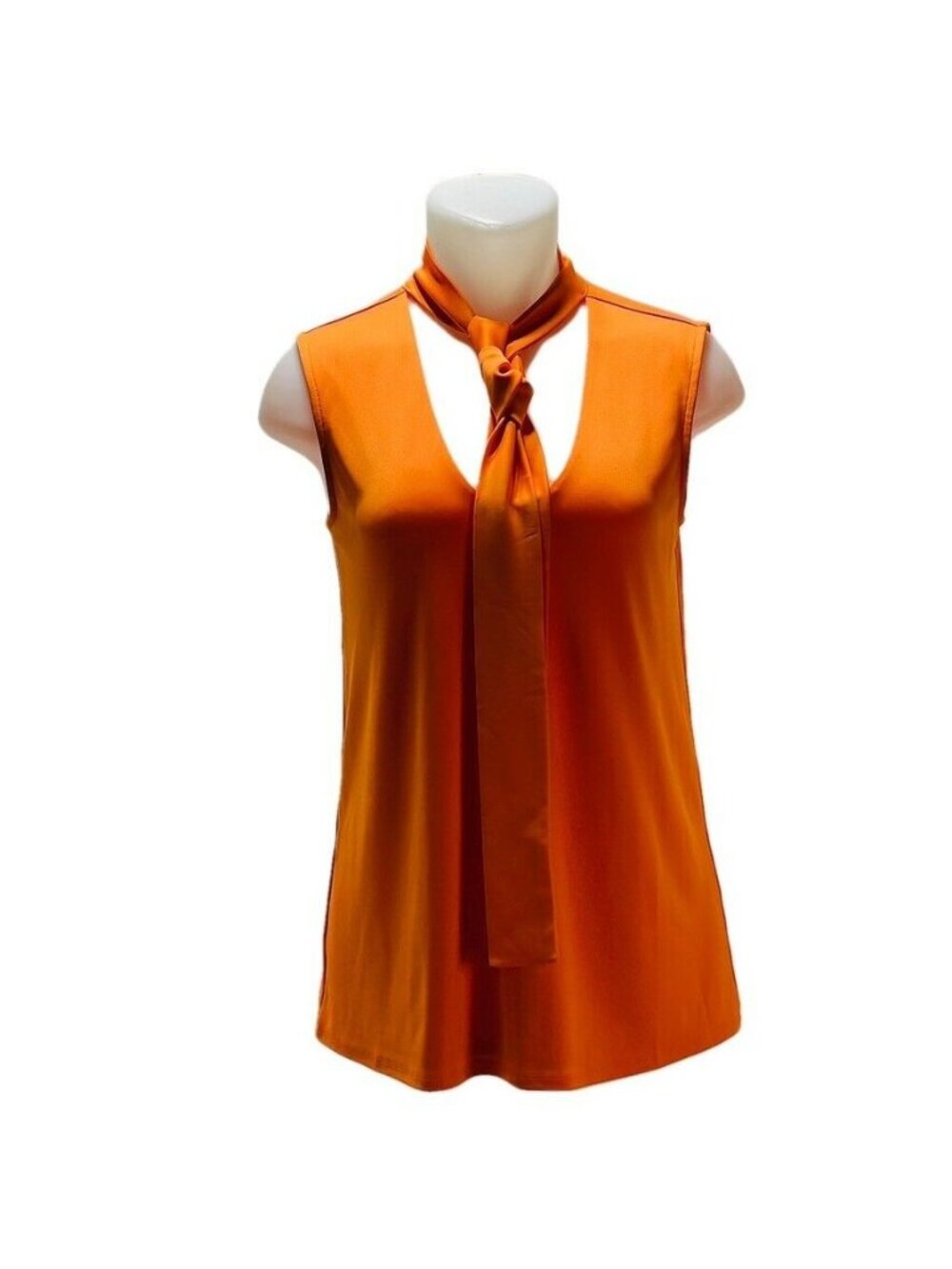 Ann Taylor Sleeveless Orange Tie-Neck Blouse S Polyester Spandex